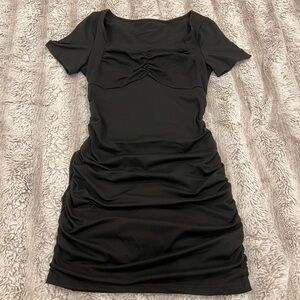 black ruched short sleeve dress